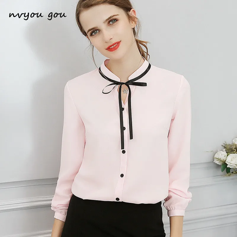 

nvyou gou Elegant Long Sleeve Bow Tie Chiffon Blouse Pink And White 2019 Work Wear Office Blouse Women OL Casual Shirt Plus Size