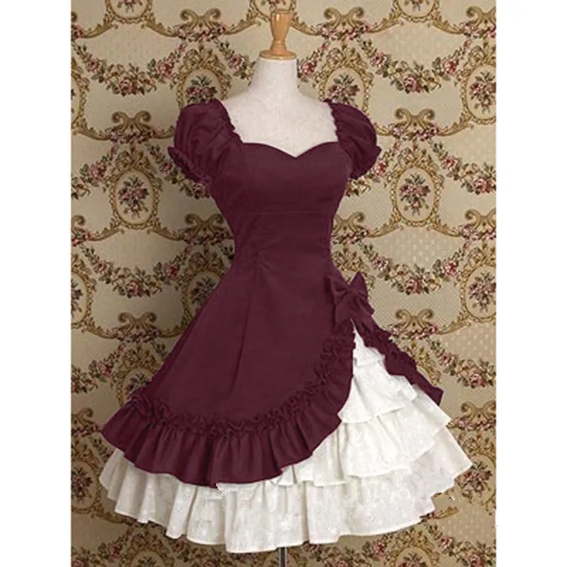 

Vintage ruffles gothic dress women short sleeve high waist bow patchwork dresses Elegant womens party dress cute vestidos mujer