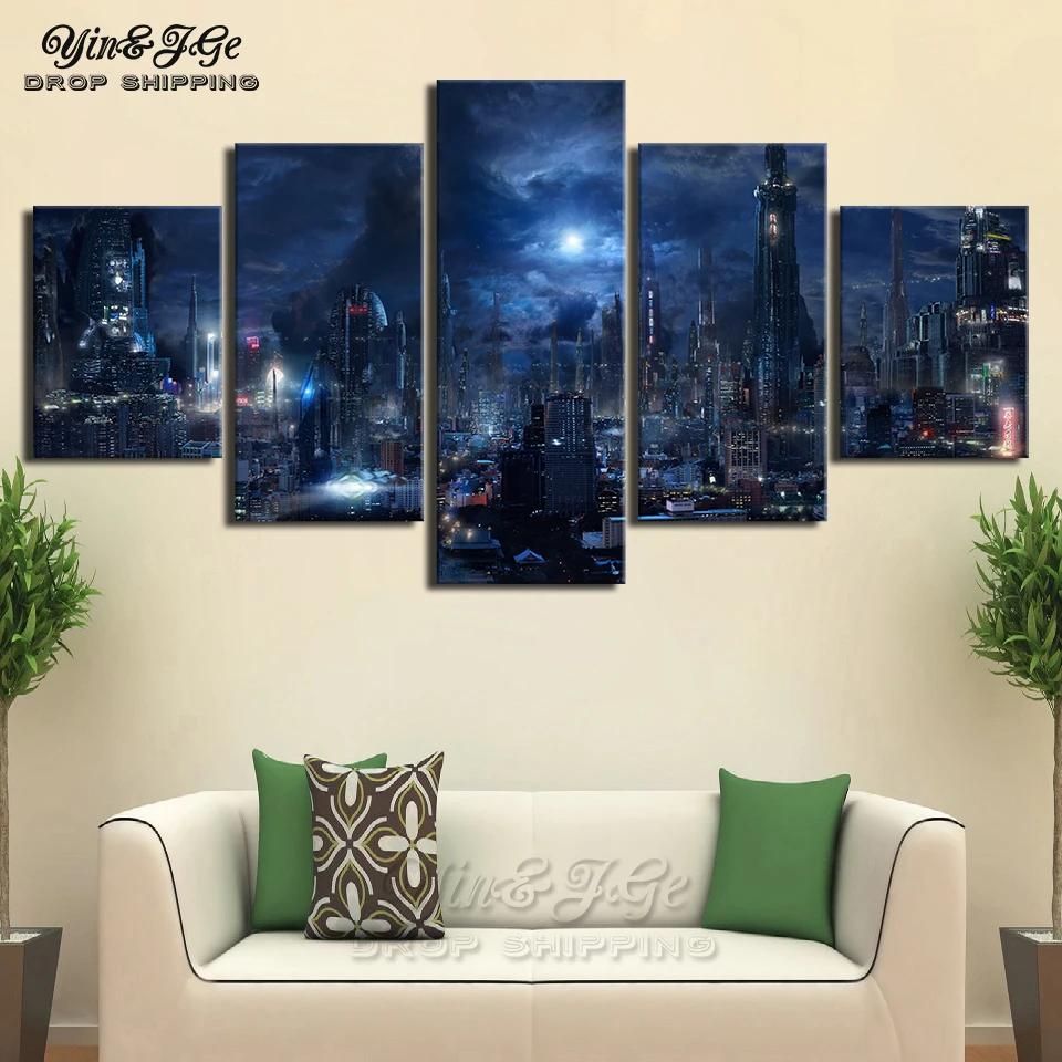 

Home Decor Canvas Painting HD Prints Futuristic City 5 Pieces Dark City Night Wall Art Modular Abstract Pictures Artwork Posters