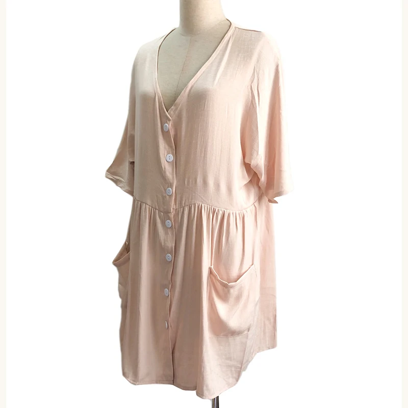 2019 Summer Mini Dress Women Casual Half Sleeve V Neck Loose Dress Pocket Button Beach Dress Vestidos Robe Femme Plus Size 1