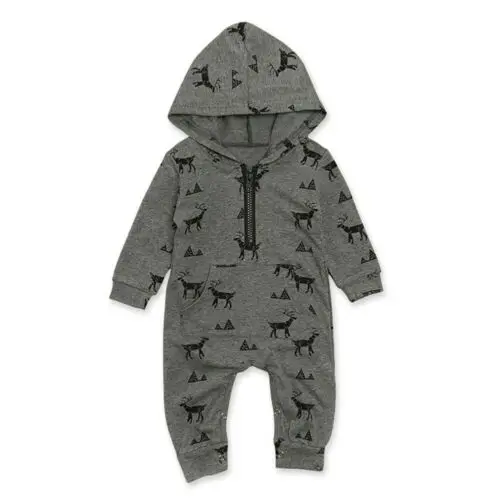 

Kids Infant Baby Boys Gray Reindeer Print Hooded Romper Jumpsuit Full Sleeve Rompers Clothes Outfits One-Piece