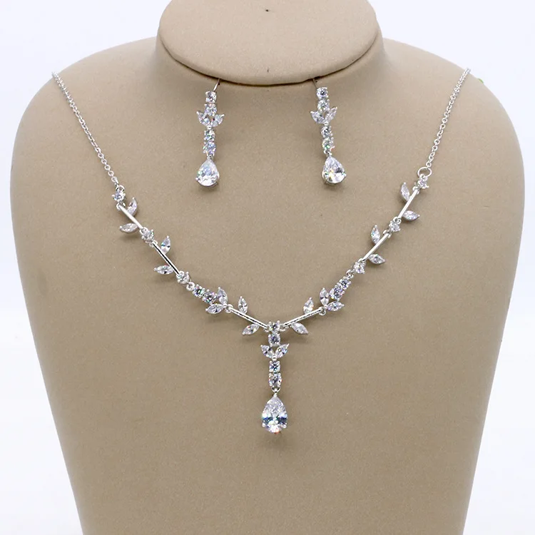 SLBRIDAL Copper Wedding Cubic Zircon Jewelry Set Bridal CZ Necklace