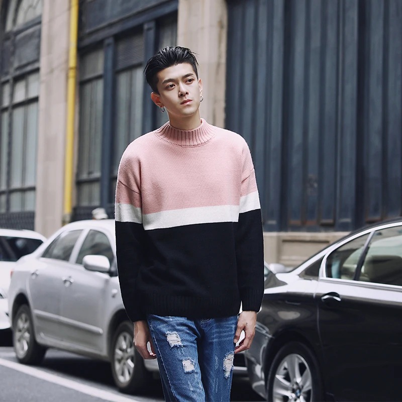 Patchwork knit sweater korean men fashion clothing mens pullover