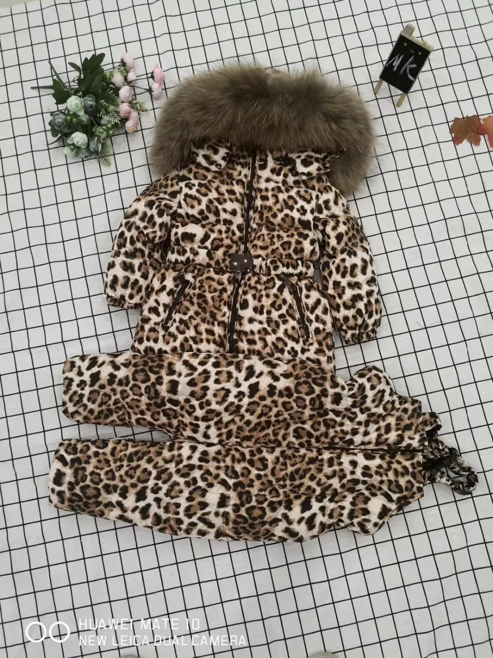 Winter Jacket Children down jackets& PANT duck down Fur hooded Leopard flower girl snowsuit boy set outerwear ski suit