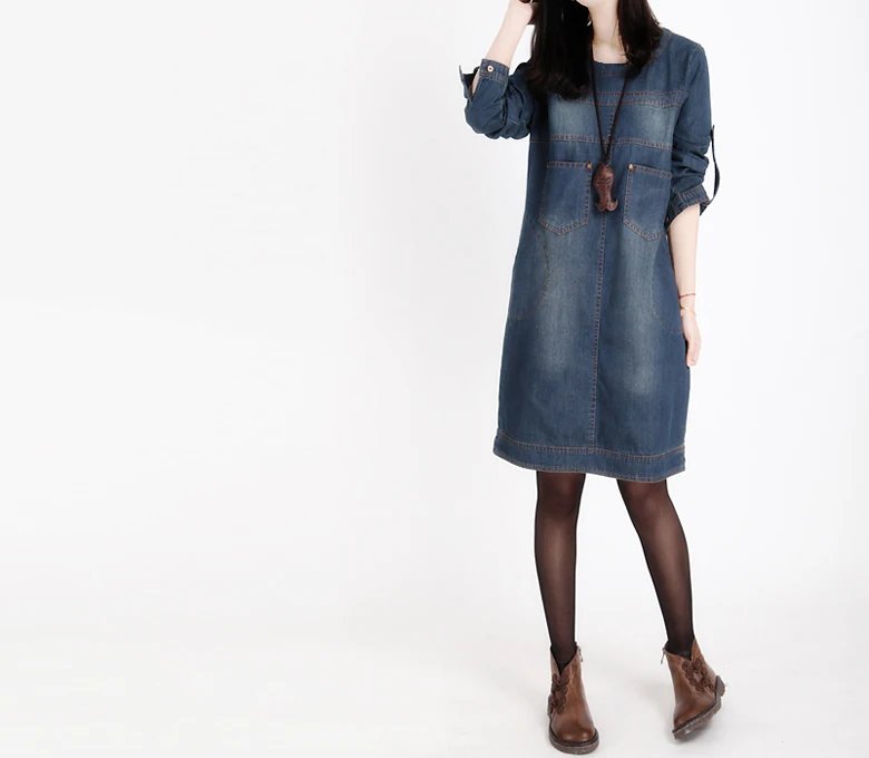 Весенне-летнее стильное платье женские винтажные джинсовые платья рабочие Женские Ретро свободные джинсы платье плюс размер Vestidos ZN34