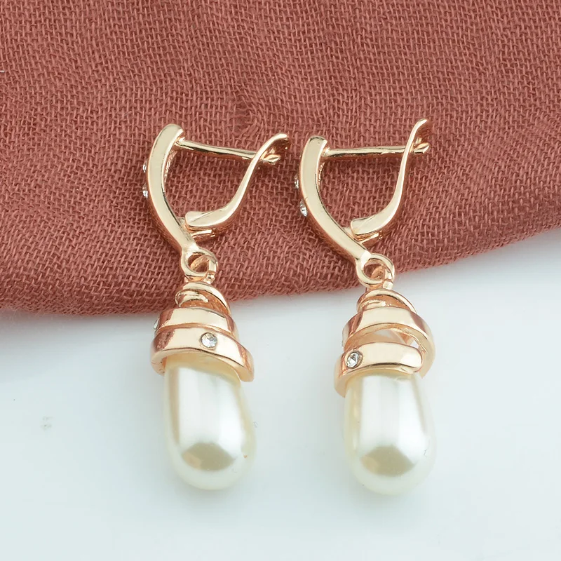 

FJ Women New Simulated Pearl Drop Earrings 585 Rose Gold Color Crystal Jewelry