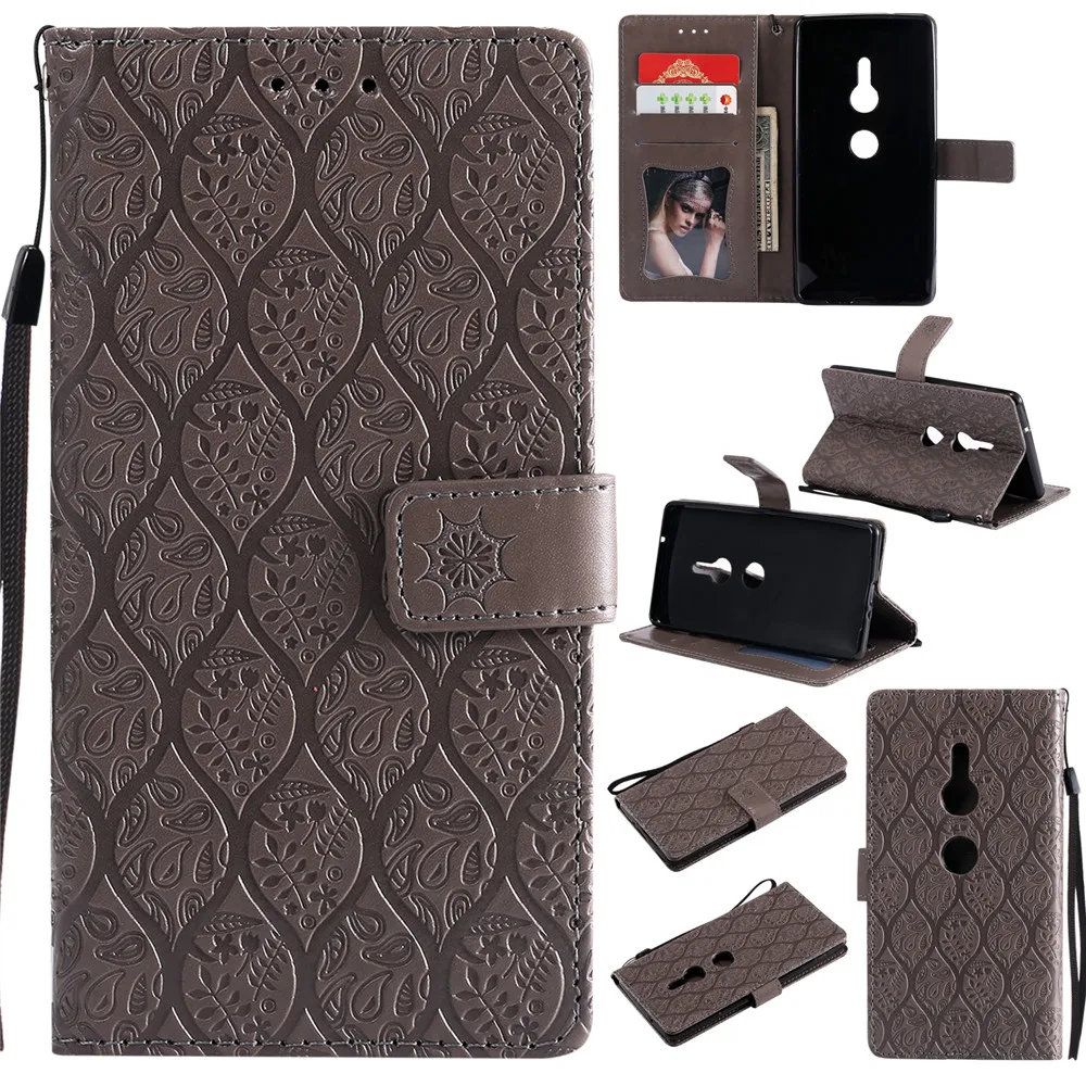 

3D Embossed Rattan Flowers Flip Case For Sony Xperia XZ2 PU Leather Silicon Luxury Wallet Holster Cover For Sony XZ2 Case