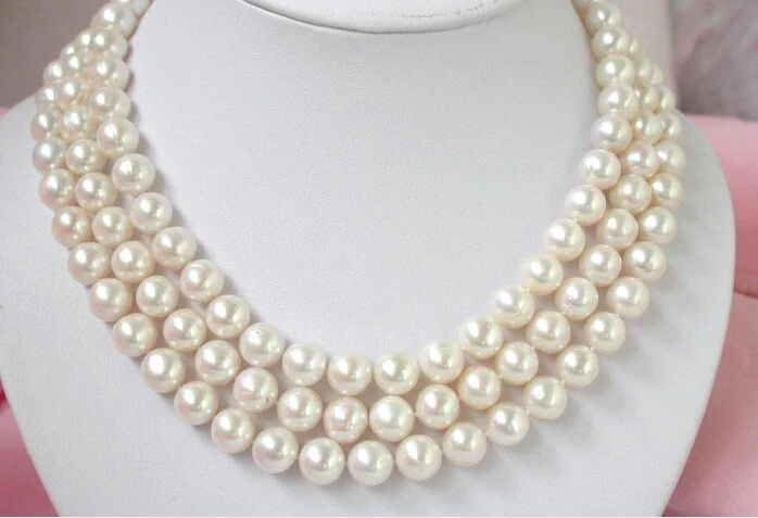 

n655 Wonderful Big 11mm 3Strands White Pearl Necklace cameo Clasp AAA