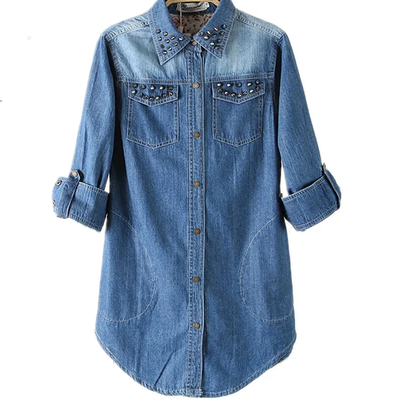 

2017 New Long Denim Shirt Women Goth Punk Rivets Jeans Shirt Blouses Top Cotton Slim Long Sleeve Denim Shirt Jacket for Womens