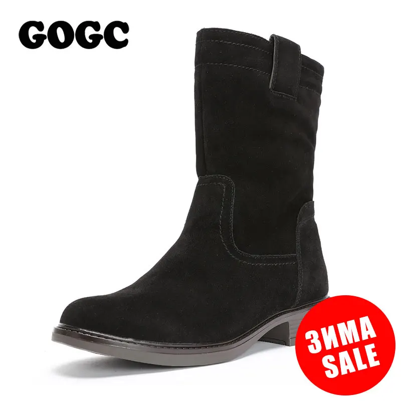 

GOGC 100% Genuine Leather Winter Boots Women Suede Waterproof Warm Heel Woman Winter Shoes Mid-Calf Women Boots for Winter G9817