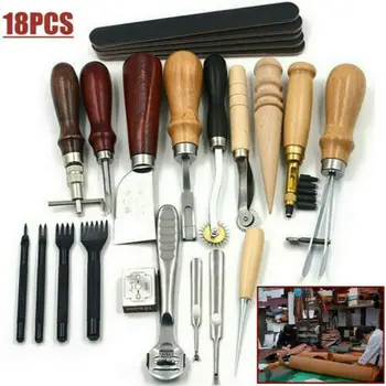 

18Pc Vintage Leather Craft Kit Stitching Sewing Beveler Punch Working Hand Tools Carving Work Saddle Leathercraft Accessories