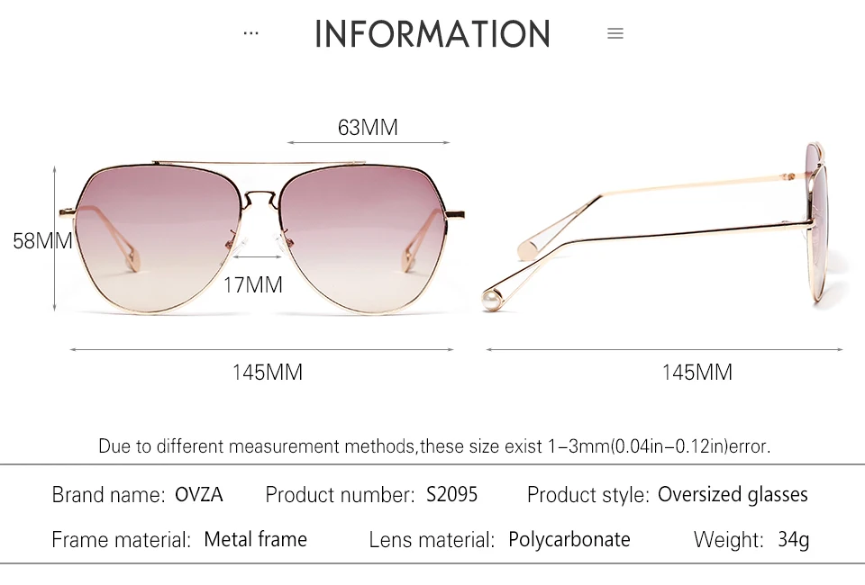 OVZA крутые негабаритные Солнцезащитные очки женские очки с градиентными линзами металлические солнцезащитные очки Пилот Стиль Женские S2095
