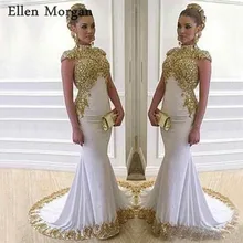 Саудовская Аравия Русалка Вечерние платья кружевная женская одежда блестящая Высокая шея с длинным рукавом белые Дубай Формальные платья для выпускного вечера