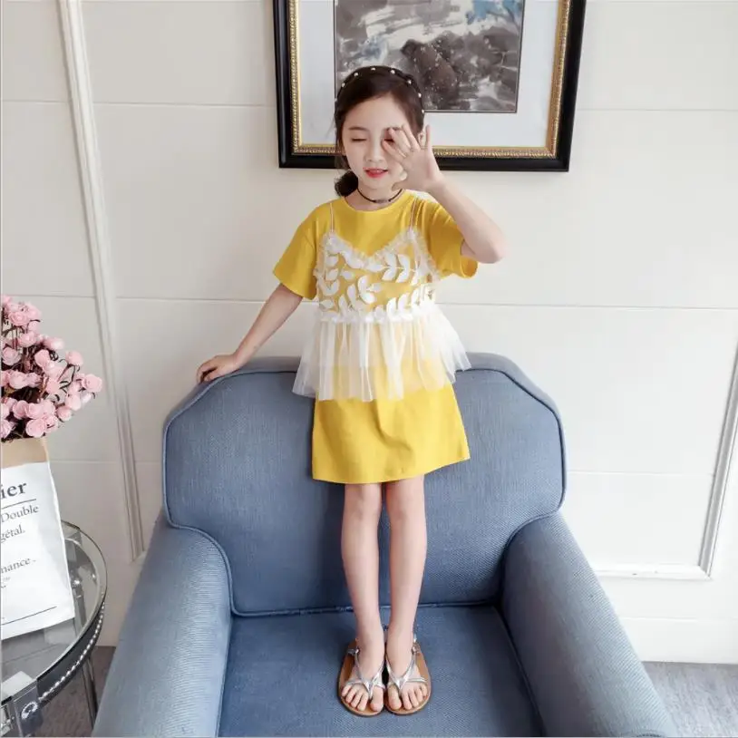 

2019 summer new sweet style mesh embroidery dress baby girls cotton short sleeve dress children princess dress 3-10Y WS737