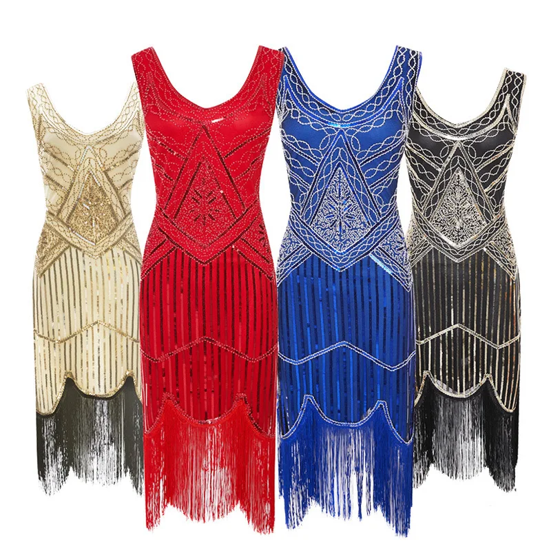 LADIES FRINGE FLAPPER SEQUINED FANCY DRESS SLEEVELESS ADULT CHARLESTON COSTUME THE GATSBY 1920'S 1930'S