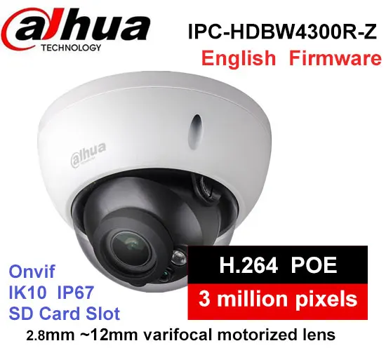 

Dahua IPC-HDBW4300R-Z H2.64 MJPEG 2.8mm ~12mm varifocal motorized lens network camera 3MP IR50M IP camera wiht POE