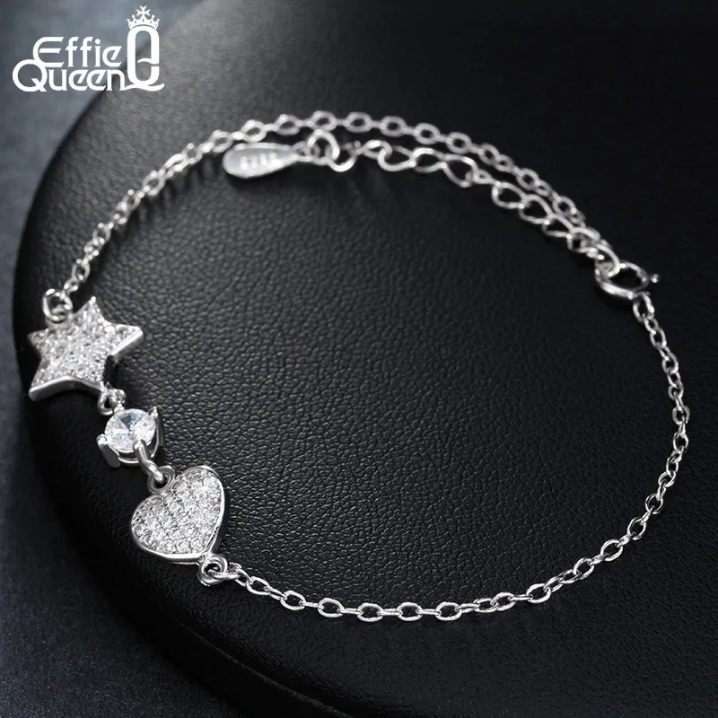 

Effie Queen Simple Heart and Star Bracelet Chain Link Charms with Austrian Cubic Zircon Silver Color Bracelets for Women DB45