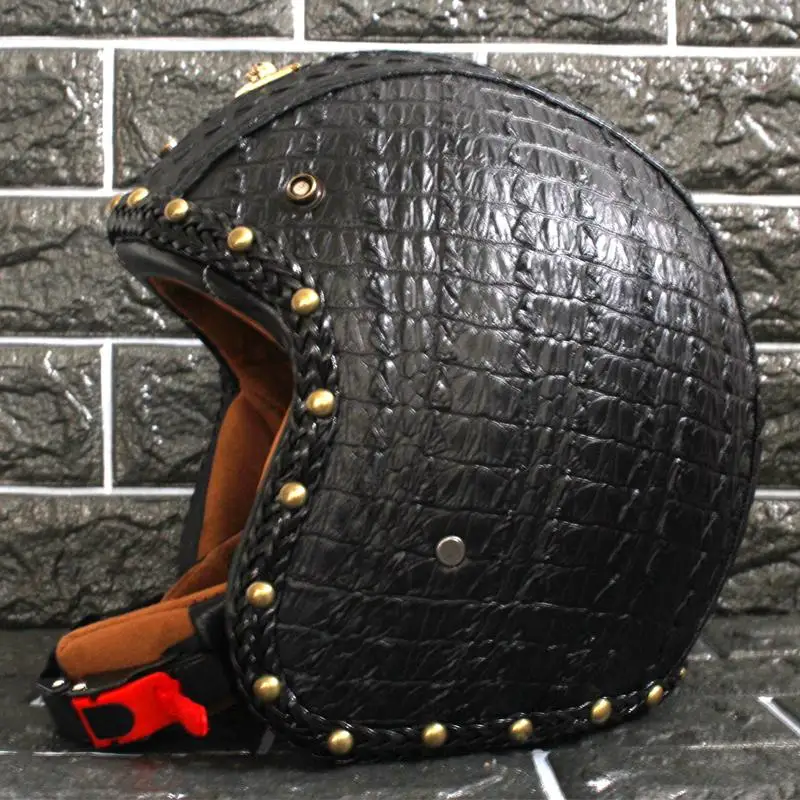 Синтетический кожаный мотоциклетный шлем Ретро винтажный крейсер для чоппера и скутера кафе гонщик Мото шлем 3/4 открытое лицо Helme - Цвет: Черный