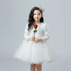 Новый милая, стильная Платья для девочек на свадьбу Высокое качество; для свадьбы с бантом бальное платье с длинным рукавом День рождения