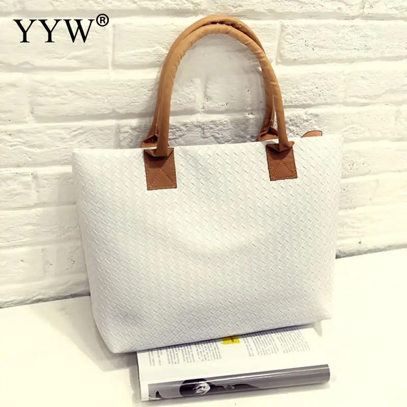 

2018 Casual Pu Leather Handbag Korean Large Capacity Tote Shopping Bags For Women Travel Handbags Female White Pink Yellow Bags