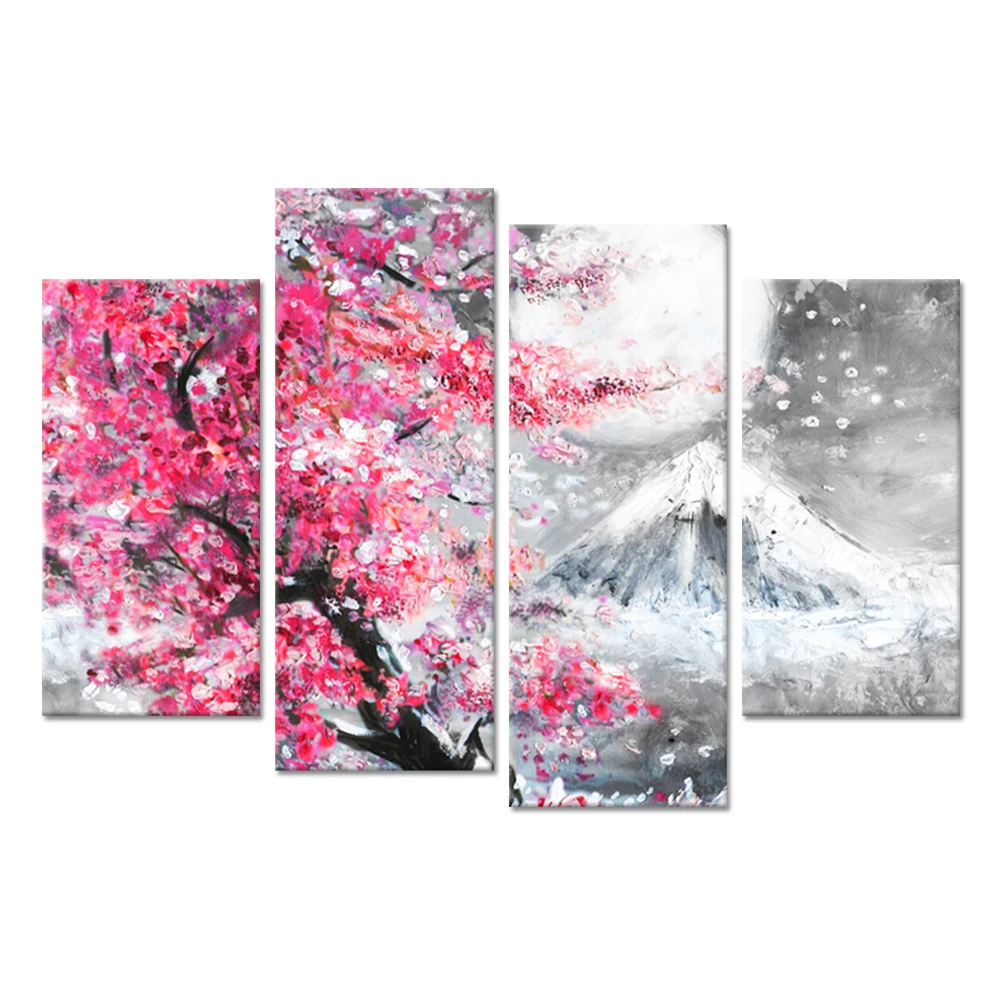 

4 Pieces Canvas Print Wall Art Painting For Home Decor Peak Of Mount Fuji With Pink Cherry Sakura Blossom In Spring Landscape