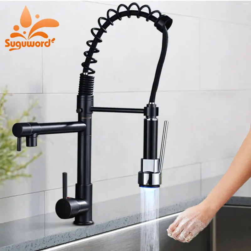 

Suguword LED Spring Kitchen Faucet Deck Mounted Single Handle one Hole Mixer Tap Ceramic Valve Hot Cold Water Switch Rotatable