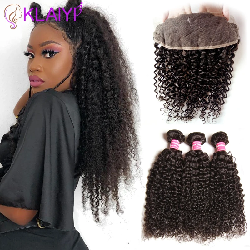 

Klaiyi Hair Brazilian Curly Hair 13*4 Lace Frontal Closure With Bundles Remy Human Hair 3 Bundles With Frontal Closure