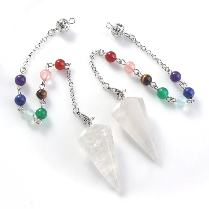 

xinshangmie Natural White Rock Crystal Hexagon Pendulum Pyramid Healing Chakra Dowsing Pendant With 7 Chakras Chain 1pcs