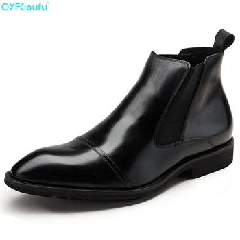 

QYFCIOUFU Pointed Toe Luxury Genuine Leather Chelsea Boots Man England Style Fashion Ankle Work Shoes Cap Toe Men's Dress Boots