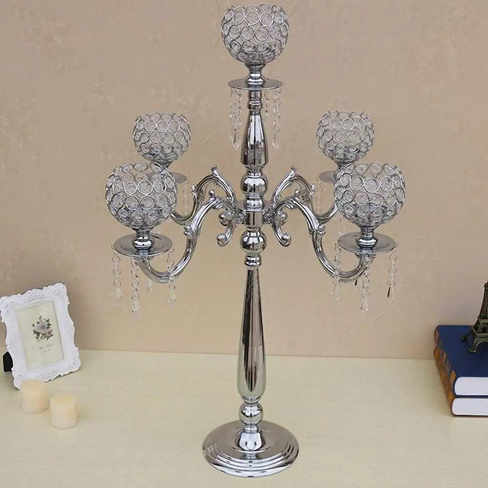 29.5 Inches Tall Silver 5 Arms Wedding Candelabras Flower Stand Crystal