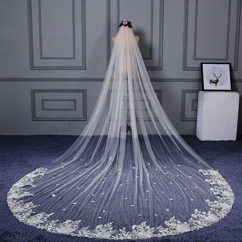 

4M Champagne Cathedral Wedding Bridal Veils Long One-layer Lace Edge Bride Veils Headwear Woman Marry Gifts Wedding Accessories
