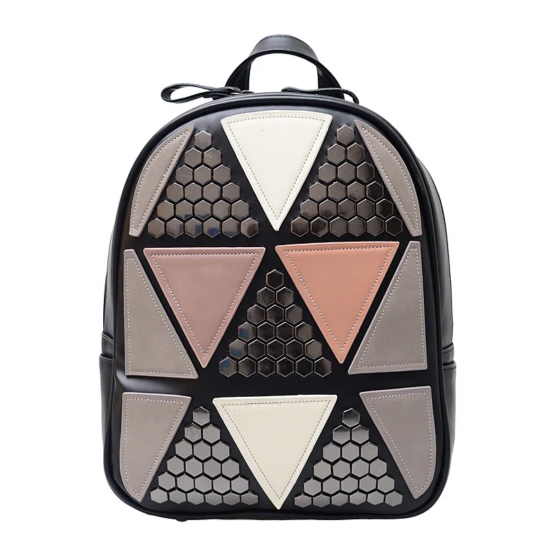 

High Quality PU Rivet Women Backpack Geometric Patchwork Female School Bags Preppy Style Backpacks for Teenagers Girls Mochila