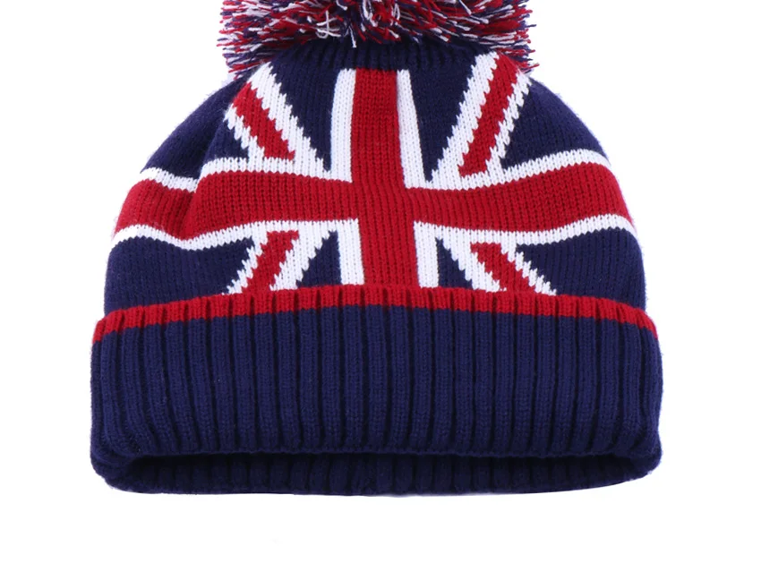 Зимняя Шапка-бини, теплая вязаная крючком плюшевая мешковатая шерстяная вязаная шапка с помпоном Skullies Ball в полоску с британским флагом, громоздкая бархатная Лыжная шапка