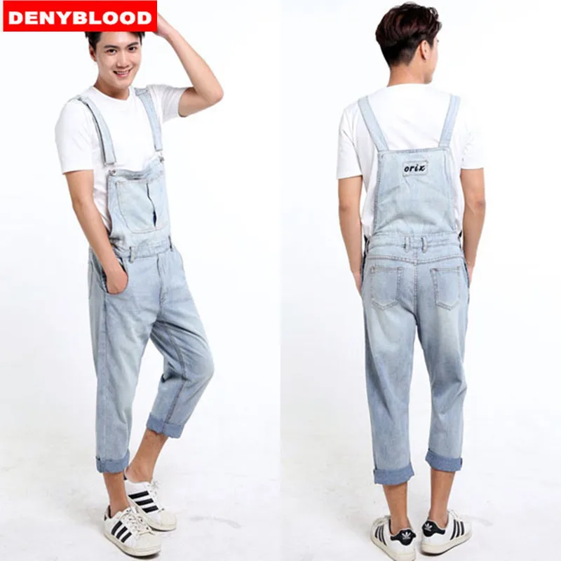 Plus Size S 5XL Mens Denim Overalls Dark Washed Bleach Jeans Capris