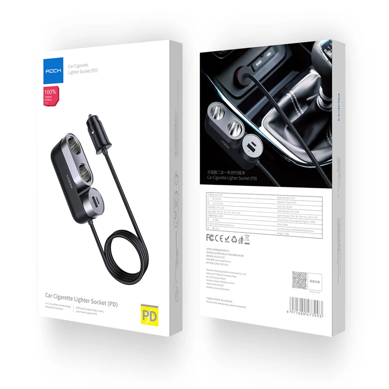 Rock 2 в 1 розетка для автомобильного прикуривателя Splitter Plug USB PD быстрое зарядное