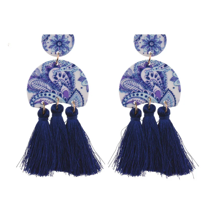 

Exaggerated Fringed Bohemian Style Ceramic Blue and White Earrings Women Gift