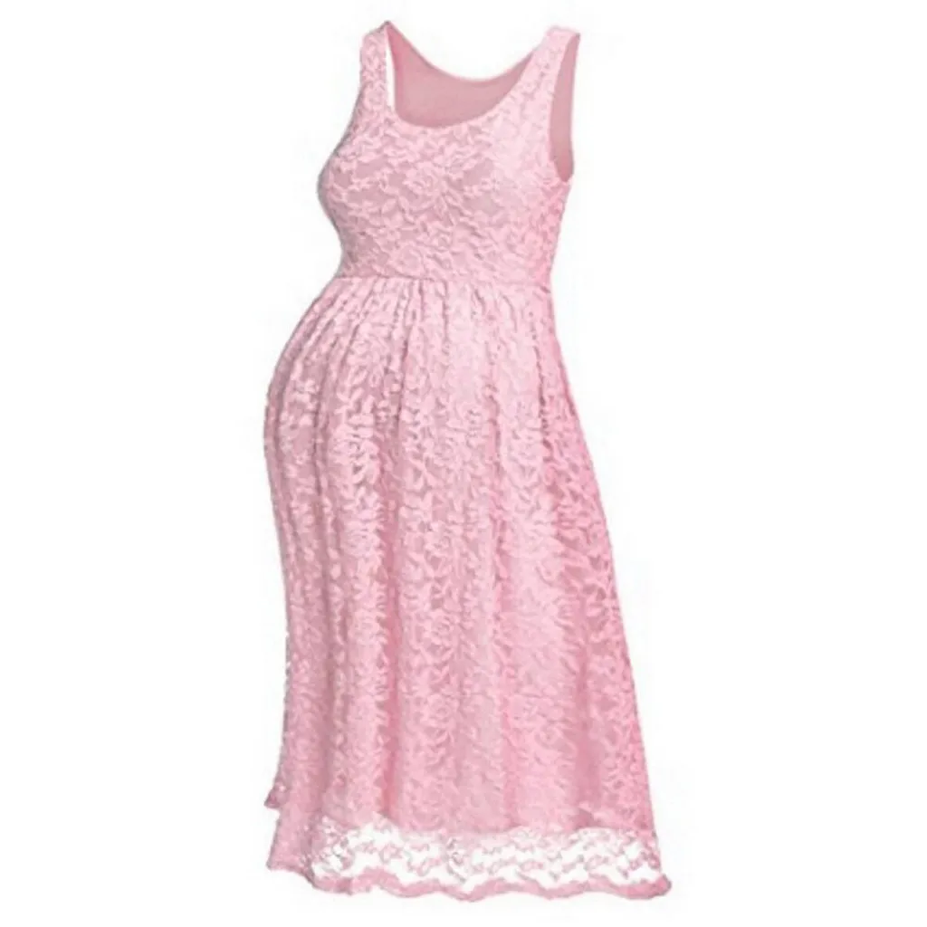 

LONSANT Maternity dress women Lace knee length lacing pleated sleeveless O-Neck Dress Boutique Pregnant Fashion party Dress