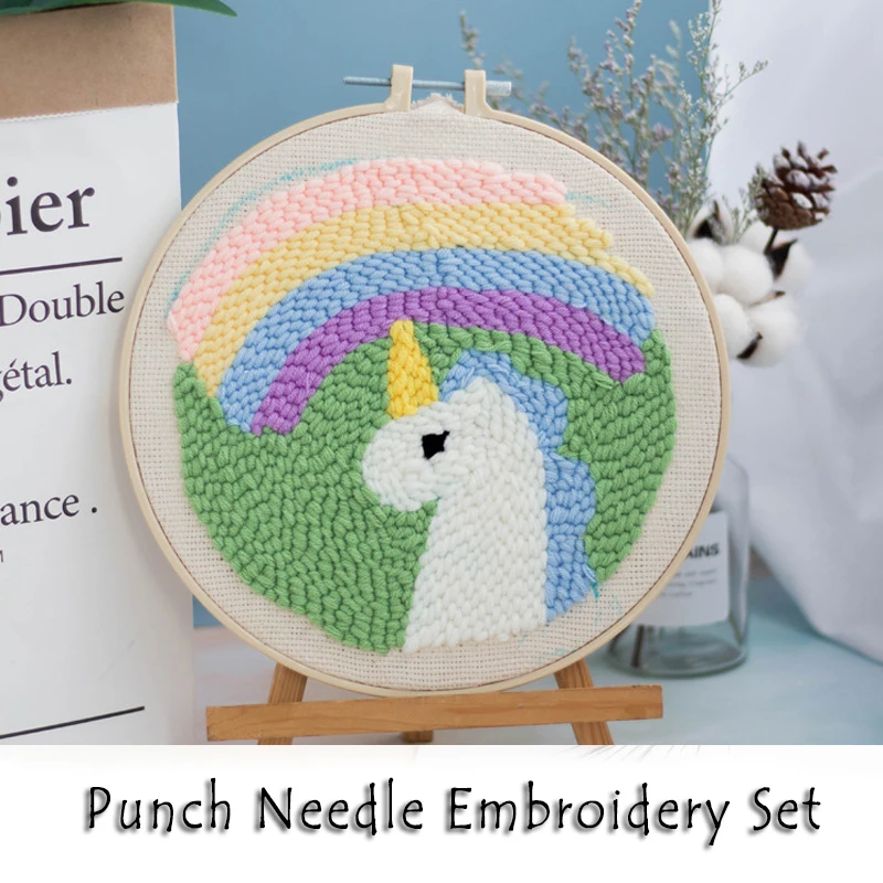 

Rainbow Unicorn Pattern Punch Needle Embroidery Kit Needlework Handwork Cross Stitch Set for Beginner Handmade Home Decor