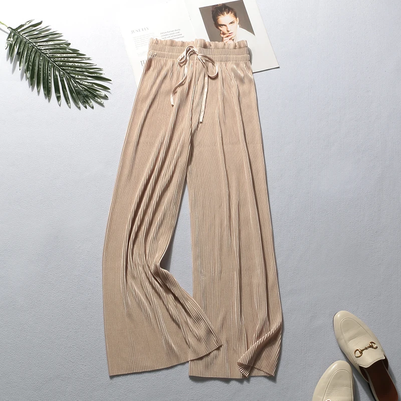 Новые летние модные шифоновые широкие брюки с высокой талией, женские милые брюки со складками и бантом, свободные тонкие леггинсы для пляжа M602 - Цвет: Apricot