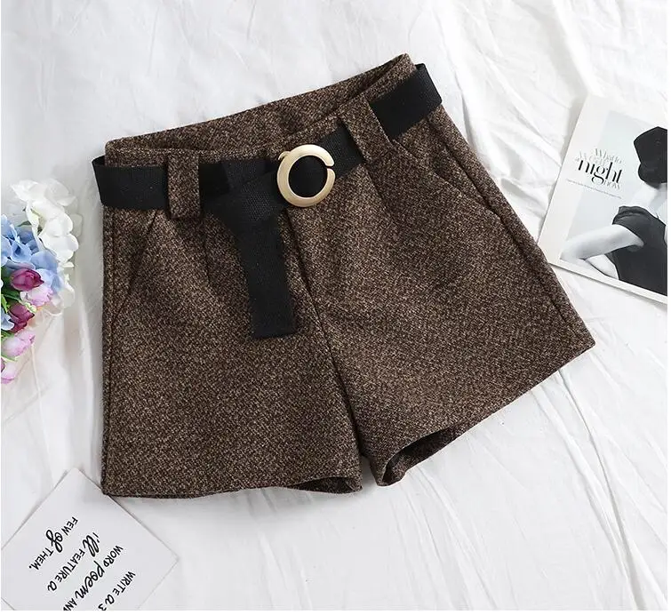 2018 Winter Women High Waist Woolen Shorts with Sashes Vintage Formal Wide Leg Winter Shorts Elegant Women Pants