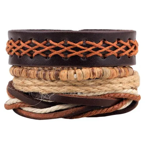 Винтажный Многослойный кожаный браслет с листьями, мужской модный плетеный браслет ручной работы из дерева, камня, бусин, веревки, браслеты и браслеты, мужские подарки - Окраска металла: QNW4018