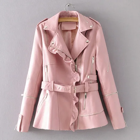 Новинка, модные женские мягкие Куртки из искусственной кожи, элегантные байкерские куртки на молнии с рюшами, розовые облегающие пальто, верхняя одежда с поясом AO898 - Цвет: Розовый
