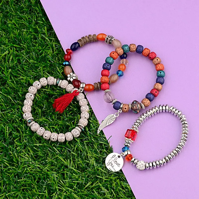 

Amader Summer Silver Wing Women's Bracelet&Bangles Set 4Pcs/Lot Bohemia Tassel Charm Beads Bracelet Jewelry For Ladies HXB044