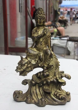 

Chinese Bronze Gilt Kwan-yin GuanYin Goddess Bodhisattva Ride Dragon Fish Statue