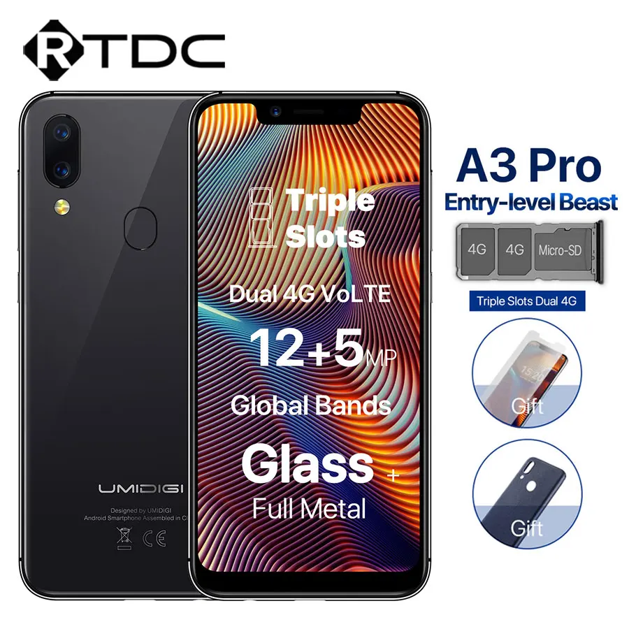 UMIDIGI A3 Pro Android 8 1 5 7 ''HD 19:9 полный Экран 3 ГБ 32 4 ядра Face Unlock 3300 мАч 12MP + 5MP двойной 4G OTG