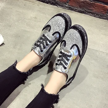 

HEE GRAND 2019 New Spring Sneakers Women Platform Flats Bling Loafers Cross-tied Round Toe Creepers Flat Walking Shoes XWD7478