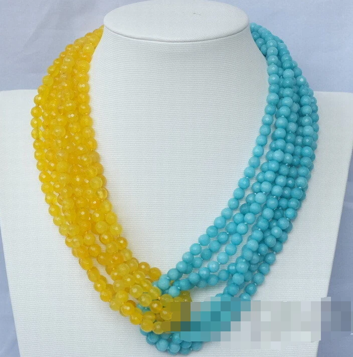 

0213 6strds yellow and blue jade faceted round necklace