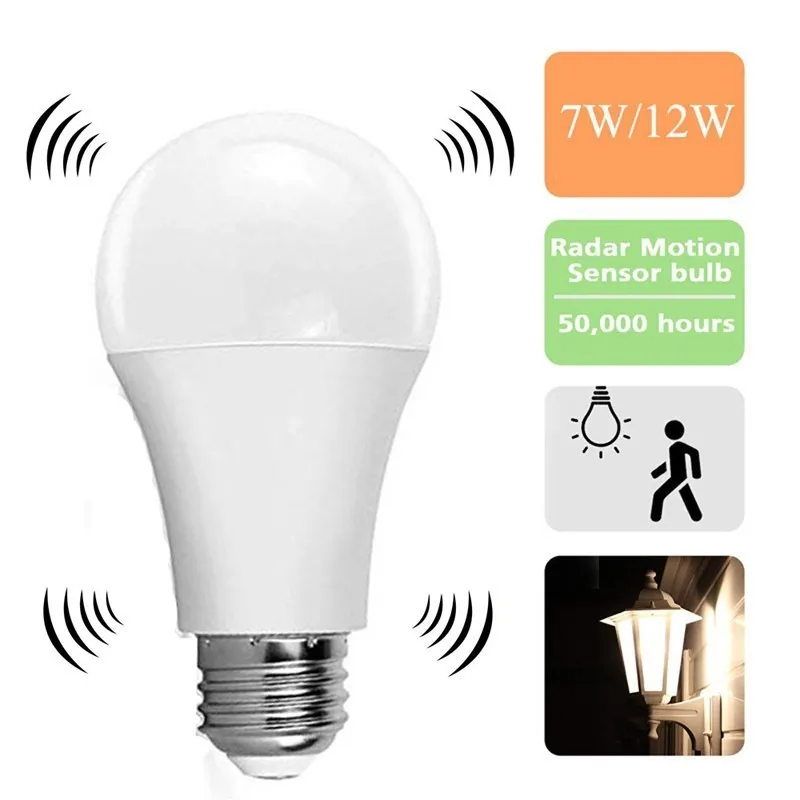 

E27 Led Pir Motion Radar Sensor Lamp Auto Smart Infrared Body Sound Bulb 7W 12W AC85-265V Energy Saving Bombillas Home Porch