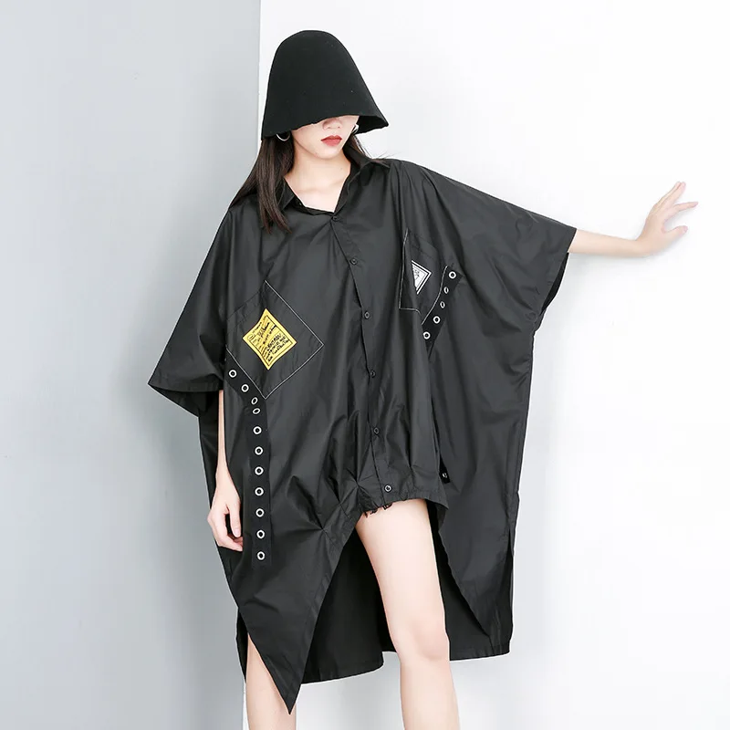 

Women Summer Short Sleeve Oversized Loose Casual Ribbons Spliced Shirt Dress Female Streetwear Punk Gothic Irregular Dresses