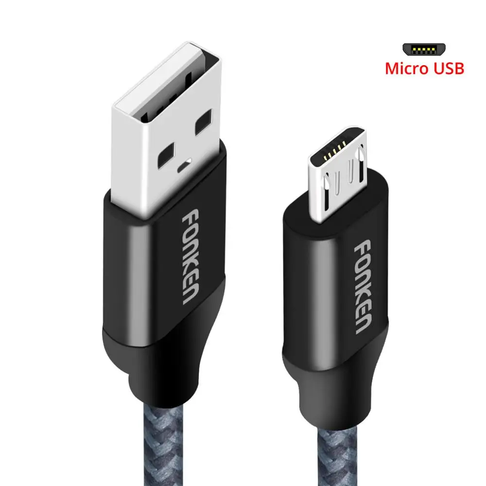 FONKEN Micro USB кабель 2128AWG 2.4A нейлон провод для быстрой зарядки данных зарядное устройство кабель провод для samsung sony htc LG кабели для мобильных телефонов - Цвет: Black Micro USB